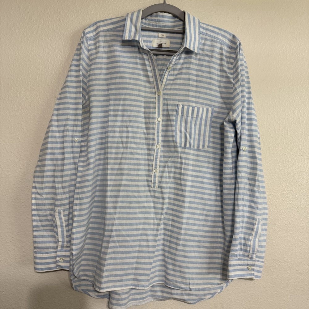 Ann Taylor Loft The Softened Shirt Size Medium Blue White Striped Popover Top‎